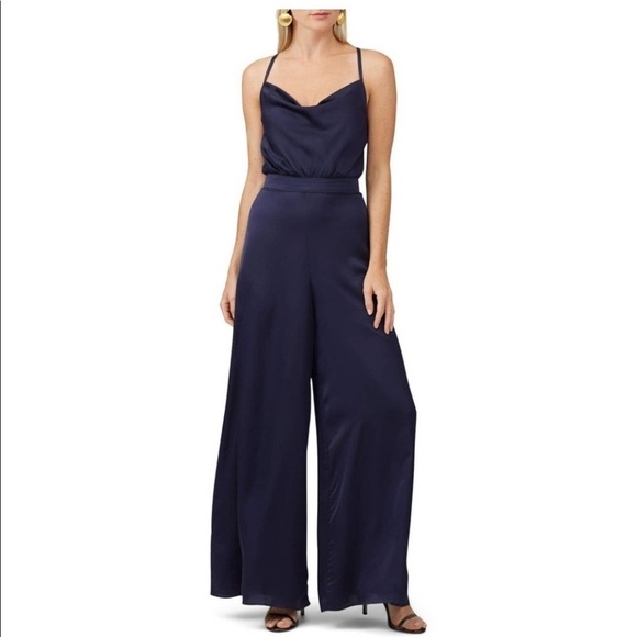 Fame & Partners Isabella Jumpsuit Cowl Neck Sleeveless Wide-leg Satin Navy - Picture 1 of 7